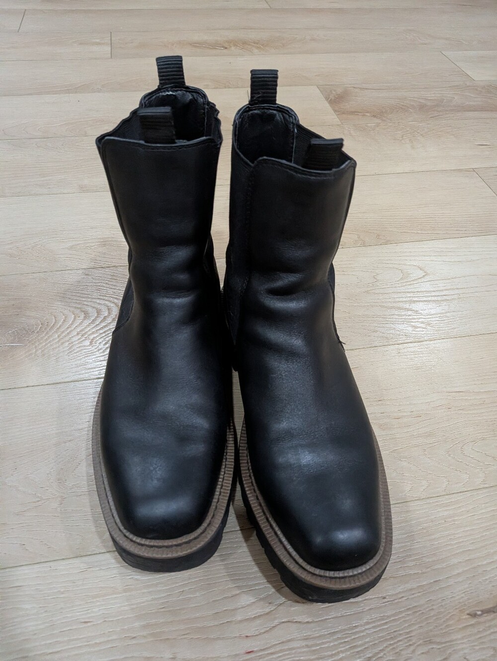 Sam Edelman Black Leather Chelsea Lug Booties with Brown Welt